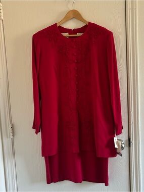 Vintage NWT Karin Stevens Red Jacket Dress Size 14 Rayon Embroidered